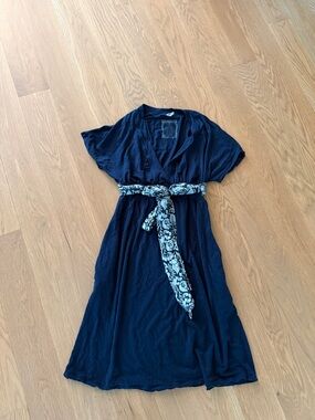 Pinkerton Navy V-Neck Dress with Patterned Waist Tie XS